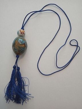 #1222.  Blue Tassel, Baby Chick & Ceramic Glazed Beaded Necklace